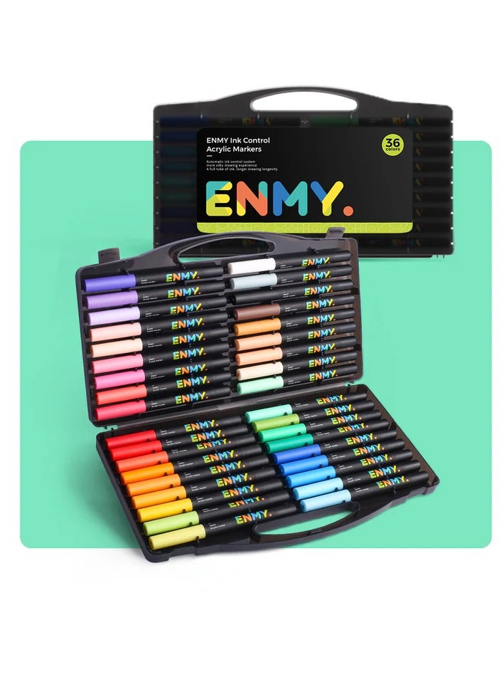 العدو أقلام أكرليك ENMY بـ 36 لونًا – ماركرز أكريليك سائل مباشر للقماش، الخشب، الزجاج، الصخور، والهدايا – ألوان نابضة، تدفق حبر سلس، ظلال لون البشرة – مثالي للفنانين وهواة الحرف اليدوية - Image 1