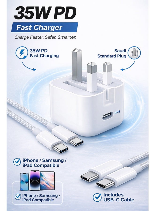 نيفوكسيل محول طاقة USB-C مع كابل شحن سريع USB-C إلى USB-C بطول 1 متر، شاحن حائط بقدرة 35 واط بمنفذ Type-C إلى Type-C، متوافق مع iPhone 16 / 16 Pro / 16 Pro Max / 15 / 15 Pro / 15 Pro Max / 15 Plus وأجهزة سلسلة USB-C الأخرى - Image 2