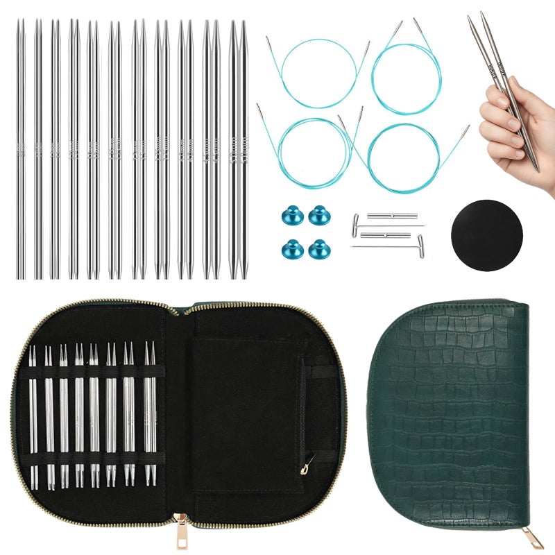 Yarniss Stainless Steel Circular Knitting Needle with Case,11 Size Interchangeable Knitting Needles with Rotating Cables 2.0~5.0mm,4.92-Inch Lace Knitting Needles Set - Image 1