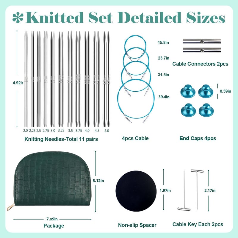 Yarniss Stainless Steel Circular Knitting Needle with Case,11 Size Interchangeable Knitting Needles with Rotating Cables 2.0~5.0mm,4.92-Inch Lace Knitting Needles Set - Image 2