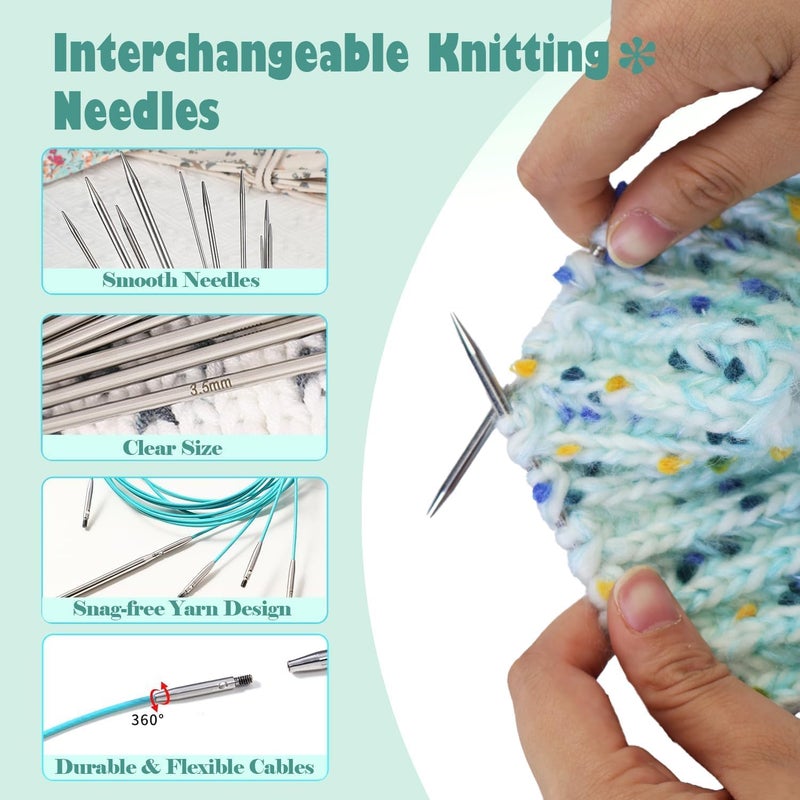 Yarniss Stainless Steel Circular Knitting Needle with Case,11 Size Interchangeable Knitting Needles with Rotating Cables 2.0~5.0mm,4.92-Inch Lace Knitting Needles Set - Image 4