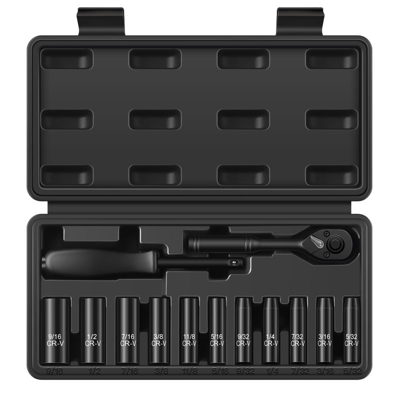Reniteco 13-Piece 1/4"" Drive Socket Set  Sae (3/16""- 11/32"")  Deep Sockets  72-Tooth Ratchet Wrench  Drive Spinner Handle  6 Point Design  Cr-V - Image 1