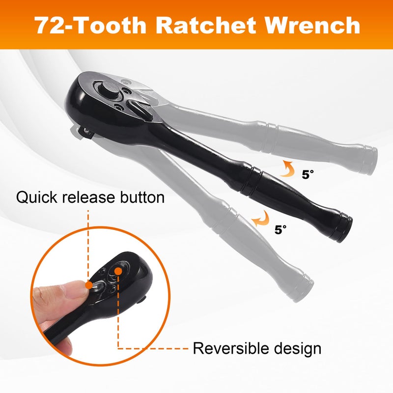 Reniteco 13-Piece 1/4"" Drive Socket Set  Sae (3/16""- 11/32"")  Deep Sockets  72-Tooth Ratchet Wrench  Drive Spinner Handle  6 Point Design  Cr-V - Image 3