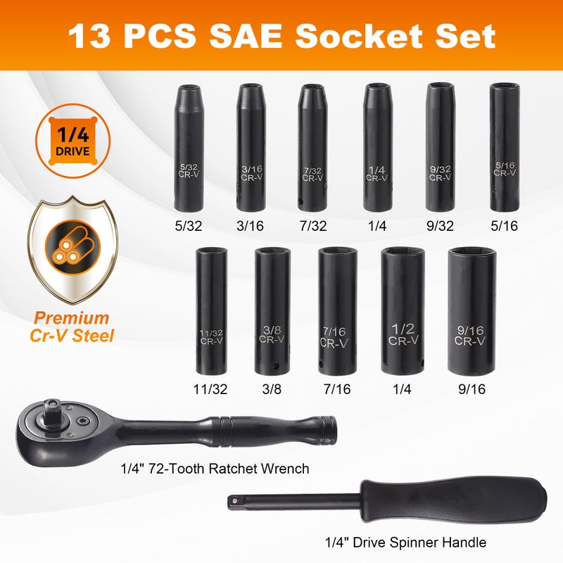 Reniteco 13-Piece 1/4"" Drive Socket Set  Sae (3/16""- 11/32"")  Deep Sockets  72-Tooth Ratchet Wrench  Drive Spinner Handle  6 Point Design  Cr-V - Image 2
