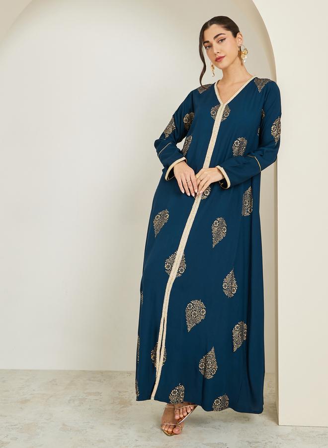 Amirah Women Navy Blue Foil Print A-Line Jalabiya - Image 3