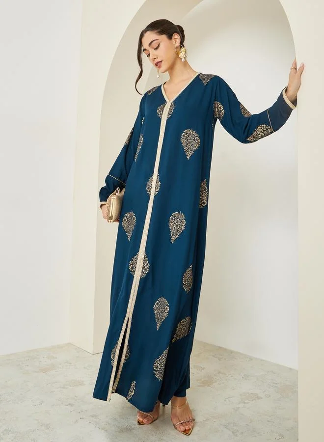Women Navy Blue Foil Print A-Line Jalabiya