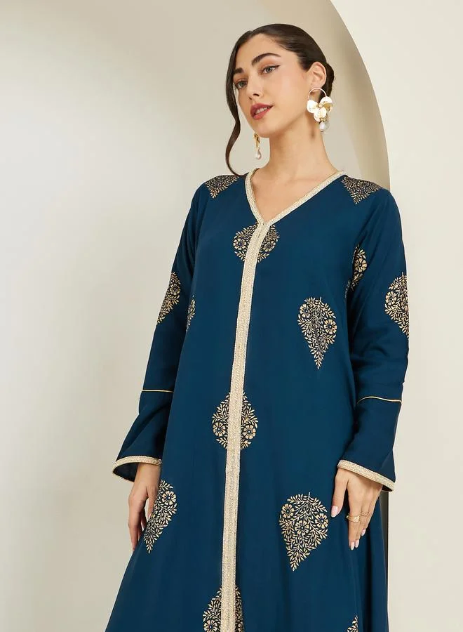 أميرة Women Navy Blue Foil Print A-Line Jalabiya