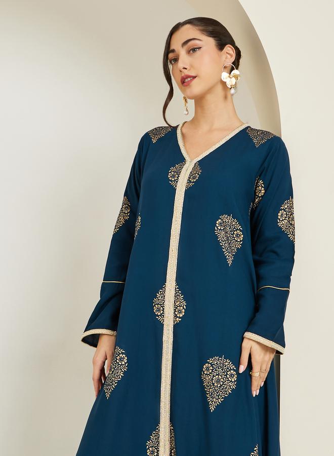 Amirah Women Navy Blue Foil Print A-Line Jalabiya - Image 2