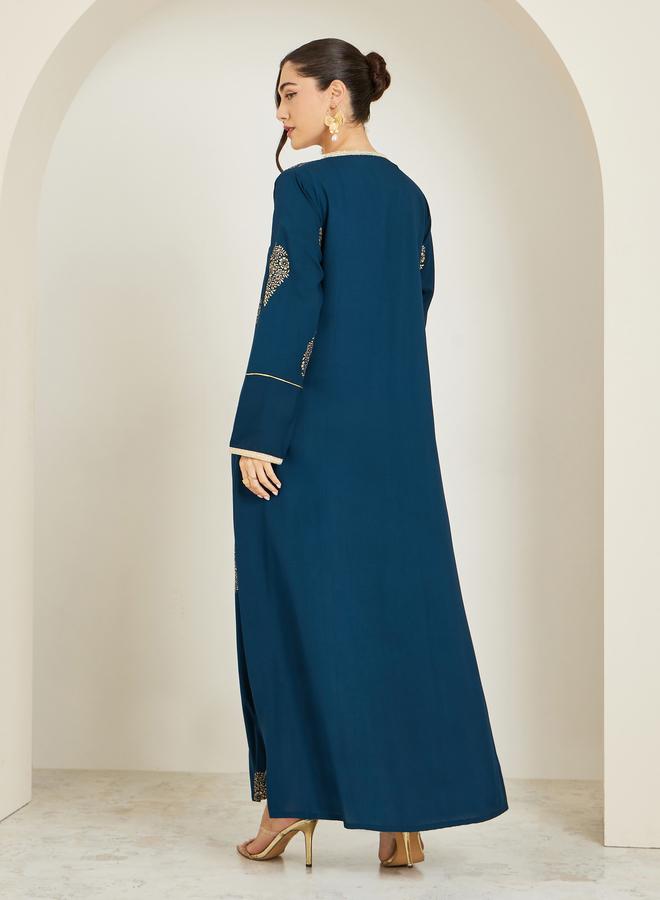 Amirah Women Navy Blue Foil Print A-Line Jalabiya - Image 5