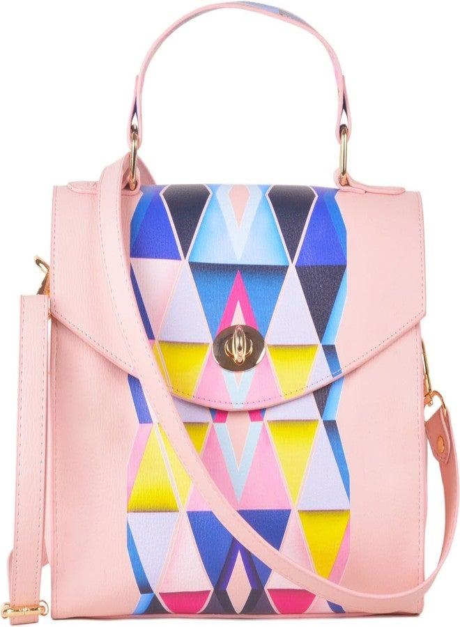 JAV Pink Geometric Print Handbag for Women | Structured Faux Leather Satchel with Top Handle & Detachable Sling Strap - Image 1