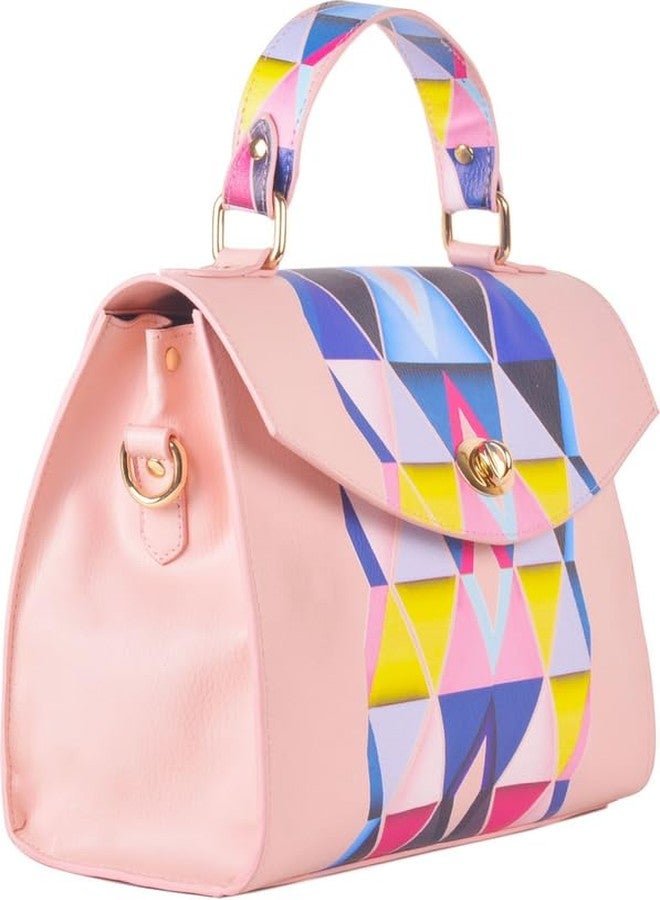 JAV Pink Geometric Print Handbag for Women | Structured Faux Leather Satchel with Top Handle & Detachable Sling Strap - Image 3