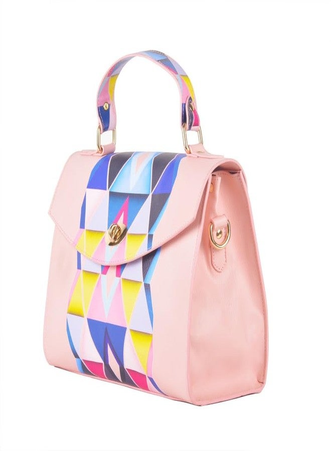 JAV Pink Geometric Print Handbag for Women | Structured Faux Leather Satchel with Top Handle & Detachable Sling Strap - Image 4