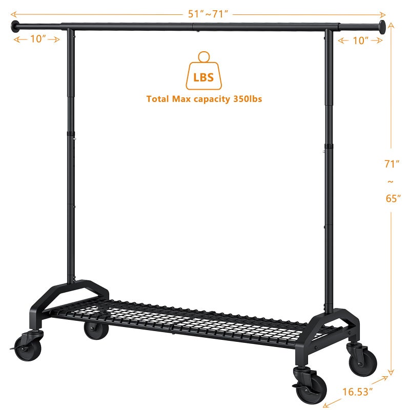 Wiracks Heavy Duty Clothes Rack for Hanging Clothes 350lbs Clothing Rack 3" industrial Wheels 51 to 71" W x 16.53" D x 65" to 71" H Adjustable Rolling Clothes Rack Coat Rack Garment Rack Black - Image 2