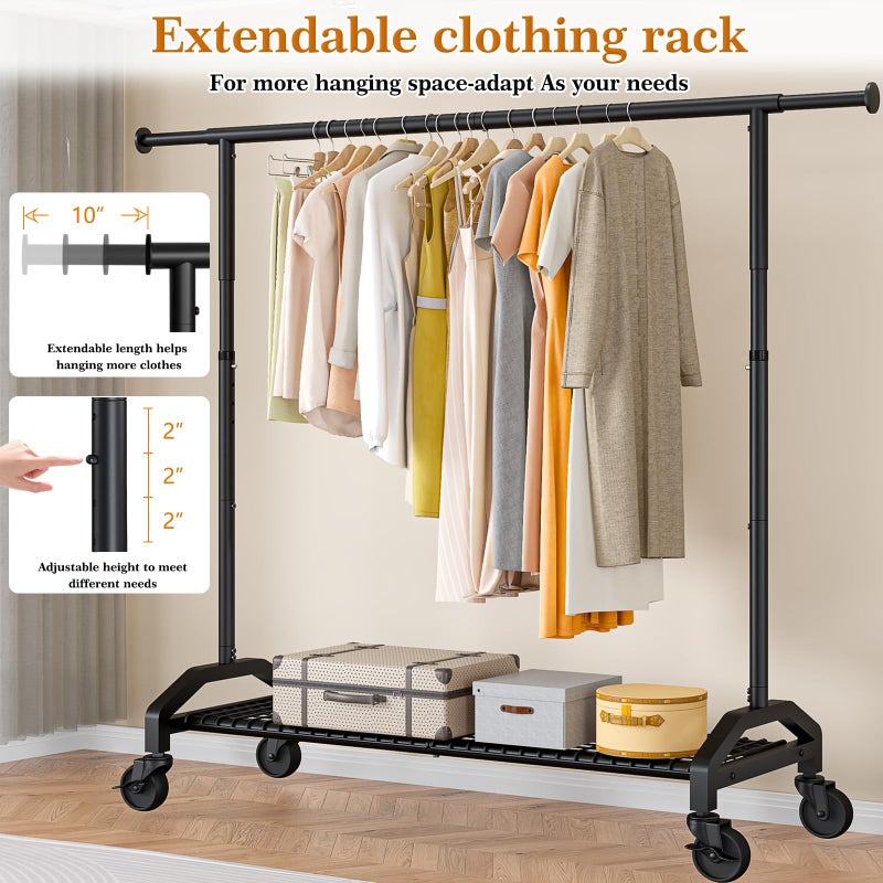 Wiracks Heavy Duty Clothes Rack for Hanging Clothes 350lbs Clothing Rack 3" industrial Wheels 51 to 71" W x 16.53" D x 65" to 71" H Adjustable Rolling Clothes Rack Coat Rack Garment Rack Black - Image 4