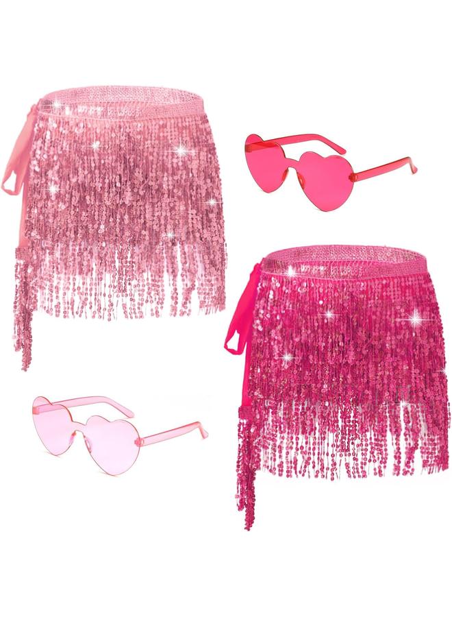 كوفوز أوشيما 2 قطعة تنورة رقص البطن مع الترتر والشرابات، وشاح الورك، وتنورة هامشية، وتنورة أداء، وتنورة هامشية لامعة، وتنورة حفلات براقة للنساء والفتيات (وردي وأحمر وردي) - Image 1