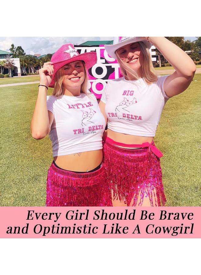 كوفوز أوشيما 2 قطعة تنورة رقص البطن مع الترتر والشرابات، وشاح الورك، وتنورة هامشية، وتنورة أداء، وتنورة هامشية لامعة، وتنورة حفلات براقة للنساء والفتيات (وردي وأحمر وردي) - Image 5