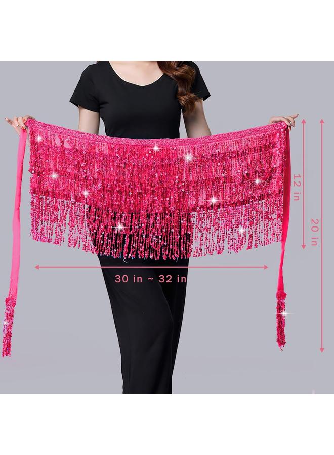 كوفوز أوشيما 2 قطعة تنورة رقص البطن مع الترتر والشرابات، وشاح الورك، وتنورة هامشية، وتنورة أداء، وتنورة هامشية لامعة، وتنورة حفلات براقة للنساء والفتيات (وردي وأحمر وردي) - Image 2