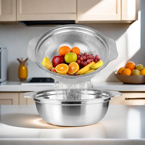 POPGRADE Extra Large 5.5QT Stainless Steel Colander, Large Capacity Rice Colander with Mixing Bowl, Rice Strainer for Vegetables, Fruit, Spaghetti, Pasta Strainer, Dishwasher Safe(2PC) - Image 5