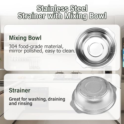 POPGRADE Extra Large 5.5QT Stainless Steel Colander, Large Capacity Rice Colander with Mixing Bowl, Rice Strainer for Vegetables, Fruit, Spaghetti, Pasta Strainer, Dishwasher Safe(2PC) - Image 3