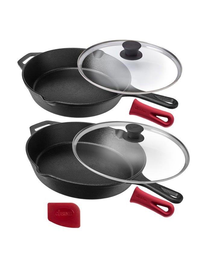 Cuisinel Cast Iron Skillet Set - 10" + 12" Frying Pan + Glass Lids + 2 Handle Cover Grips - Pre-Seasoned Oven Cookware - Indoor/Outdoor Use - Grill, Stovetop, Induction, BBQ, Camping, Fire Use - Image 1