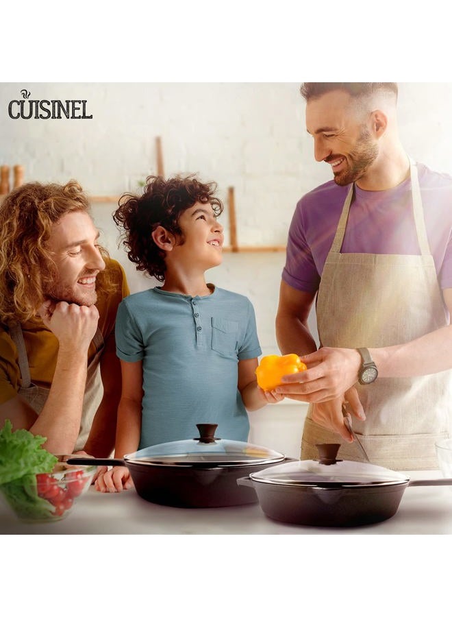 Cuisinel Cast Iron Skillet Set - 10" + 12" Frying Pan + Glass Lids + 2 Handle Cover Grips - Pre-Seasoned Oven Cookware - Indoor/Outdoor Use - Grill, Stovetop, Induction, BBQ, Camping, Fire Use - Image 2