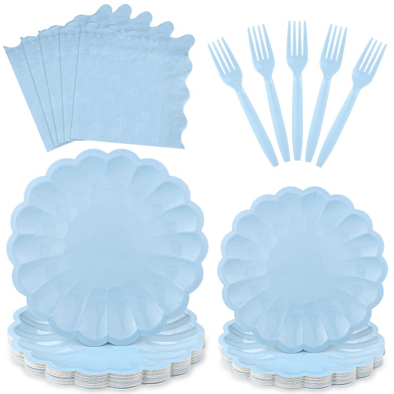 NatNarr 96 Pcs Light Blue Paper Plates and Napkins Light Blue Party Supplies Serve 24 Guests Include Scalloped Paper Plates Napkins Plastic Forks for Baby Bridal Shower Wedding Birthday - Image 1