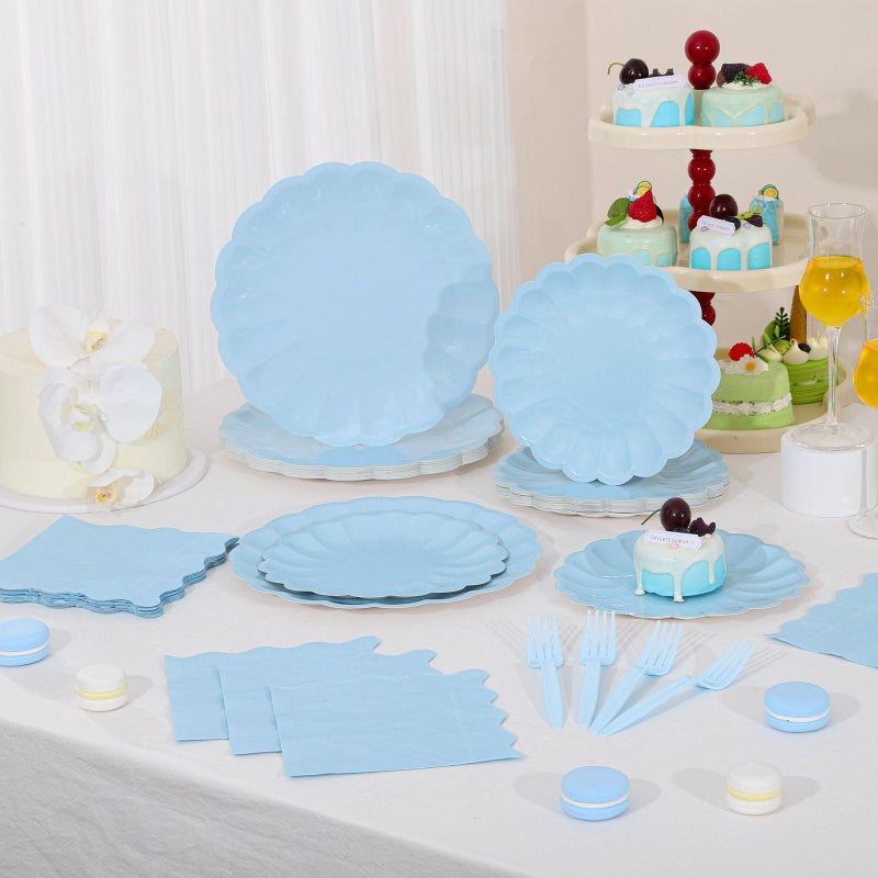 NatNarr 96 Pcs Light Blue Paper Plates and Napkins Light Blue Party Supplies Serve 24 Guests Include Scalloped Paper Plates Napkins Plastic Forks for Baby Bridal Shower Wedding Birthday - Image 4