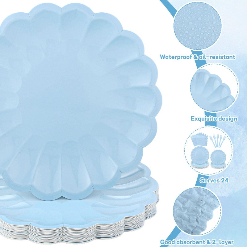 NatNarr 96 Pcs Light Blue Paper Plates and Napkins Light Blue Party Supplies Serve 24 Guests Include Scalloped Paper Plates Napkins Plastic Forks for Baby Bridal Shower Wedding Birthday - Image 3