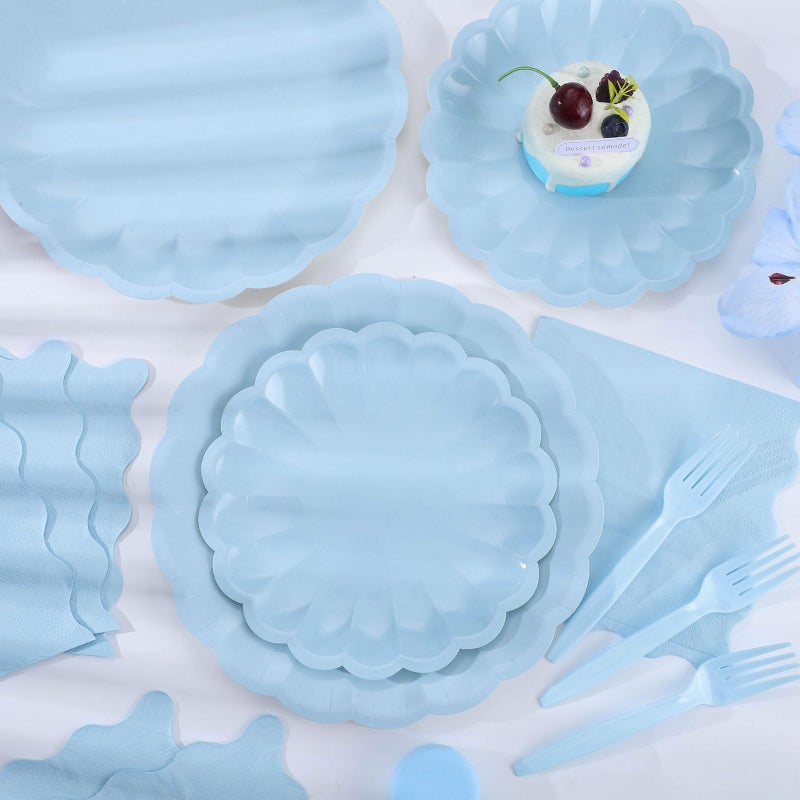 NatNarr 96 Pcs Light Blue Paper Plates and Napkins Light Blue Party Supplies Serve 24 Guests Include Scalloped Paper Plates Napkins Plastic Forks for Baby Bridal Shower Wedding Birthday - Image 5