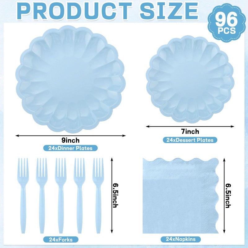 NatNarr 96 Pcs Light Blue Paper Plates and Napkins Light Blue Party Supplies Serve 24 Guests Include Scalloped Paper Plates Napkins Plastic Forks for Baby Bridal Shower Wedding Birthday - Image 2