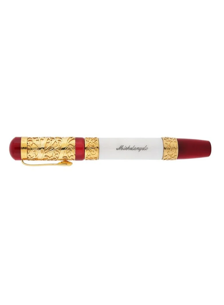 Ancora Limited Luxury Fountain Pen Michelangelo by Ancora 1919 18K Gold Nib Gold Trim Silver White Marble Certificated High Quality Pen Smooth Writing Signature Pen Exclusive Gift Box