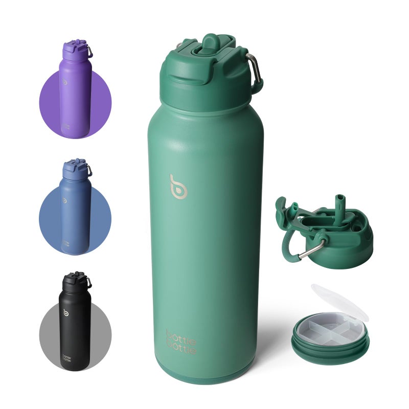 BOTTLE BOTTLE 40 oz sports water bottle stainless steel insulated water bottle with straw and pills holder (green) - Image 1