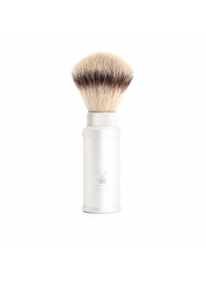 M MÜHLE Travel Silver Aluminum Silvertip Fibre Shaving Brush - Portable Synthetic Luxury Shave Brush for Men, Rich Lather - Image 1