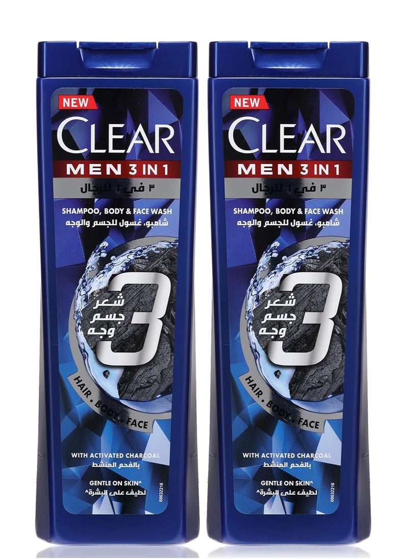 Clear Men Clear Men Complete Care 3in1 Shampoo For Hair, Face & Body With Activated Charcoal for 100% dandruff free hair and moisturized skin, 400ml Pack of 2, white  - Image 1