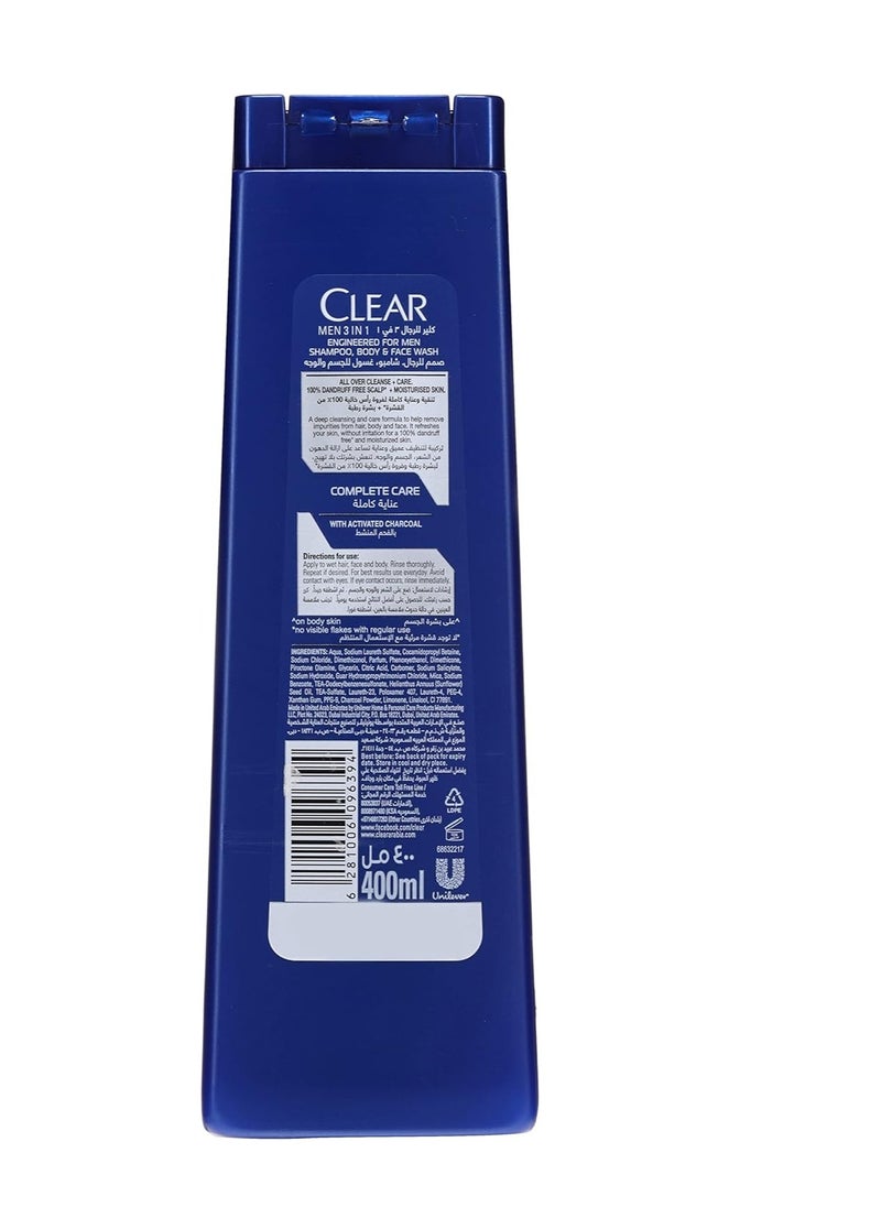 Clear Men Clear Men Complete Care 3in1 Shampoo For Hair, Face & Body With Activated Charcoal for 100% dandruff free hair and moisturized skin, 400ml Pack of 2, white  - Image 2
