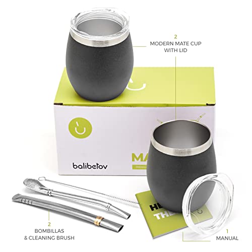 BALIBETOV Modern Mate Cup And Bombilla Set (Yerba Mate Cup) -Yerba Mate Set includes Double Walled 18/8 Stainless Steel Mate Tea Cup, Two Bombilla Mate (Straw) and a Cleaning Brush (Black) - Image 2