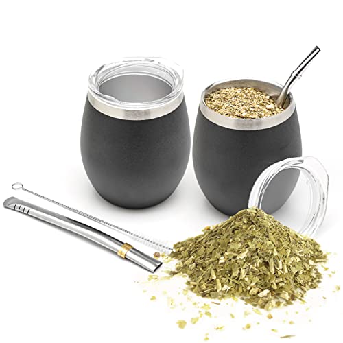 BALIBETOV Modern Mate Cup And Bombilla Set (Yerba Mate Cup) -Yerba Mate Set includes Double Walled 18/8 Stainless Steel Mate Tea Cup, Two Bombilla Mate (Straw) and a Cleaning Brush (Black) - Image 1