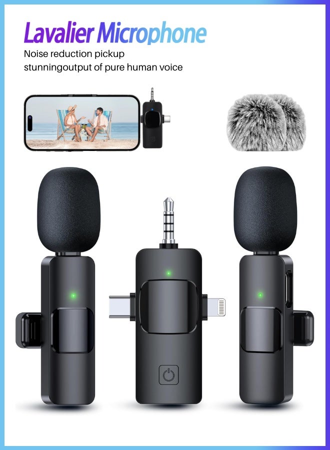 Wireless Microphone 3 In 1 Noise Reduction For Iphone Ipad Usb C Android Laptop 4k Studio Recording | With Charging 7h Battery Clip Lavalier Mini Mic Wireless For Video Recording, Vloge, Youtube, Interview-Black