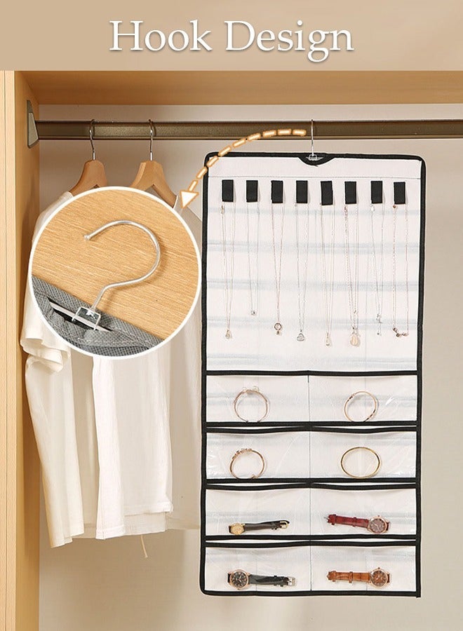 DUNISO Hanging Jewelry Organizer Storage Roll with Hanger Metal Hooks, Double-Sided Jewelry Holder for Earrings, Necklaces, Rings Large Capacity Holder Box for Closet, Wall, Door - Image 3