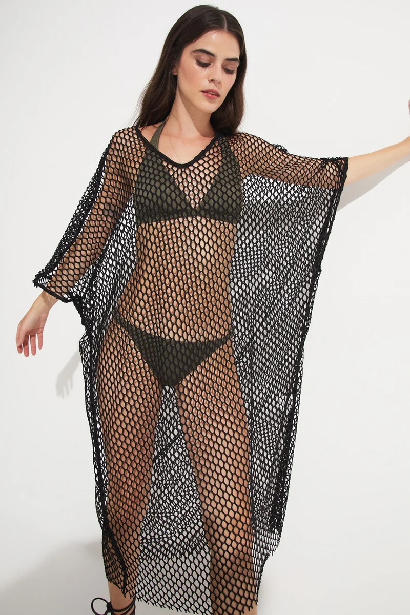 JUNE Women's V Neck Net Detail Long Tunic
