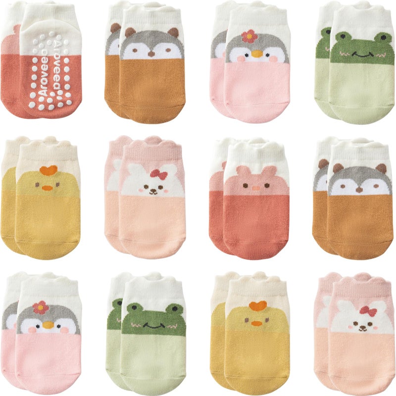 Aroveea Baby Toddler Socks Grip Non Slip Boys Girls Cotton 12 Pack for 6-12 Months Kids Ankle Cute Socks 6M-7Years - Image 1