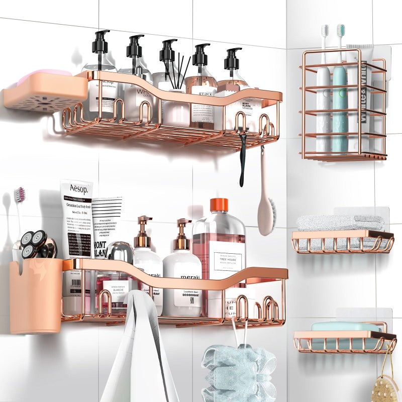 NESOMI Shower Caddy Adhesive Shower Organizer 7-Pack, Rustproof Stainless Steel Bathroom Shelves, Large Capacity No-Drill Rack Storage Accessories with Soap Dish Toothbrush Holder Hooks - Image 1