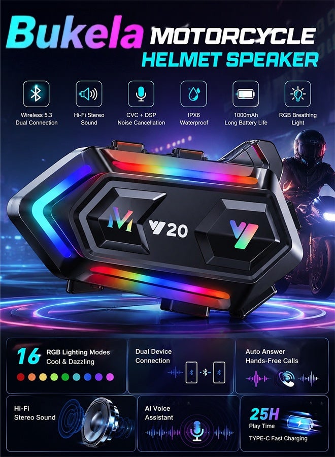 Bukela Motorcycle Helmet Speakers with 16-Types RGB Dazzling Lights High Battery Life Motorcycle Headphones Dual Noise Reduction/Automatic Answer/Call Music Control/Wake up Siri/IPX6 - Image 1