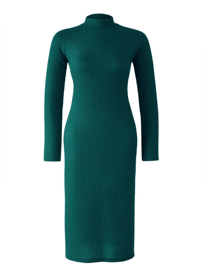 trendyol Emerald Green Straight Slit Midi Fitted/Fits Body Ribbed Stretch Knit Dress - Image 5