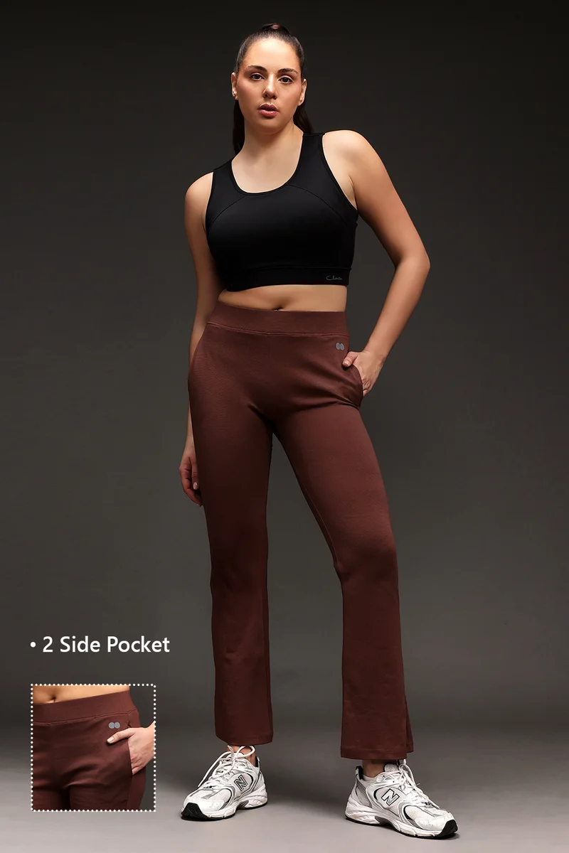 كلوفيا Clovia Comfort Fit High-Rise Flared Yoga Pants in Brown with Side Pockets