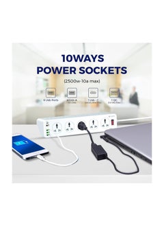 CAROSKI Power Extension Cord with 10 Power Sockets and 6 USB ports - Smart Power Strip  Extension Plug with Surge Protector - Charging Socket with 2m long Extension Cord  - Image 2