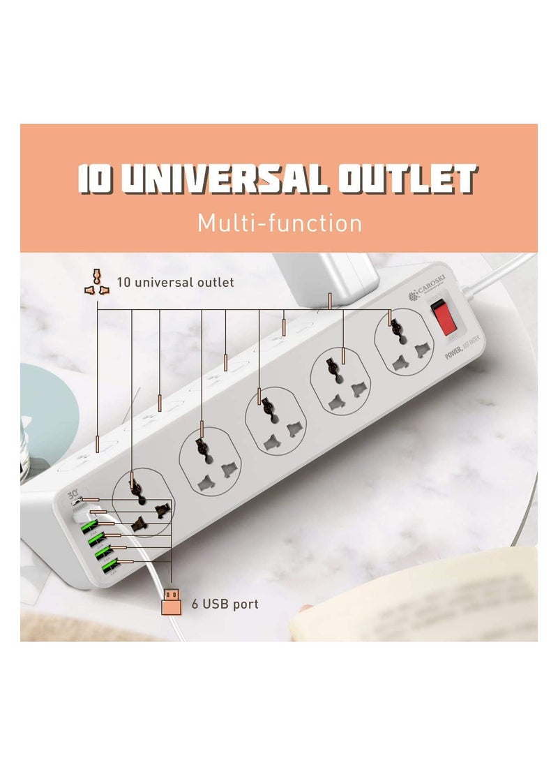 CAROSKI - Power Extension Cord with 10 Power Sockets and 6 USB ports - Smart Power Strip  Extension Plug with Surge Protector - Charging Socket with 2m long Extension Cord - Image 1