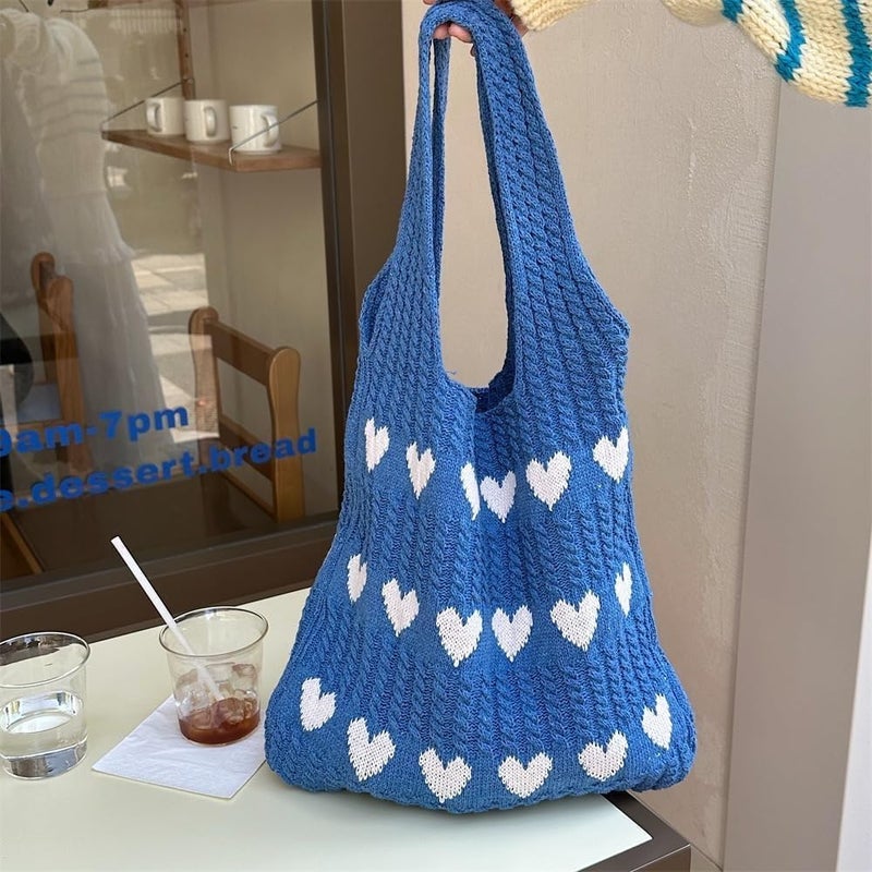Kawn ® Premium Knitted Heart Pattern Tote Bag Large Stylish and Durable Trendy bag for Everyday Use Beach Shopping Travel Work – Comfortable and Trendy Design - Image 1