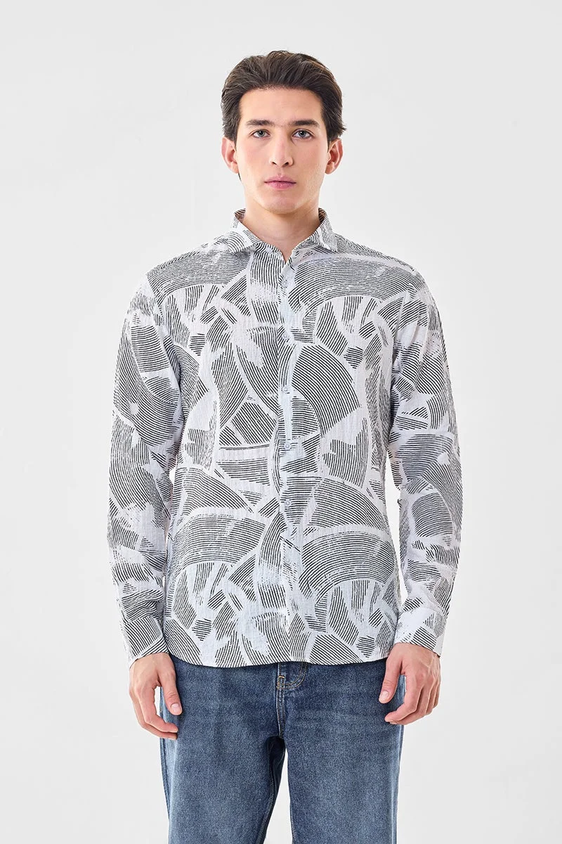 SNITCH White Geometric Long Sleeve Slim Fit Shirt