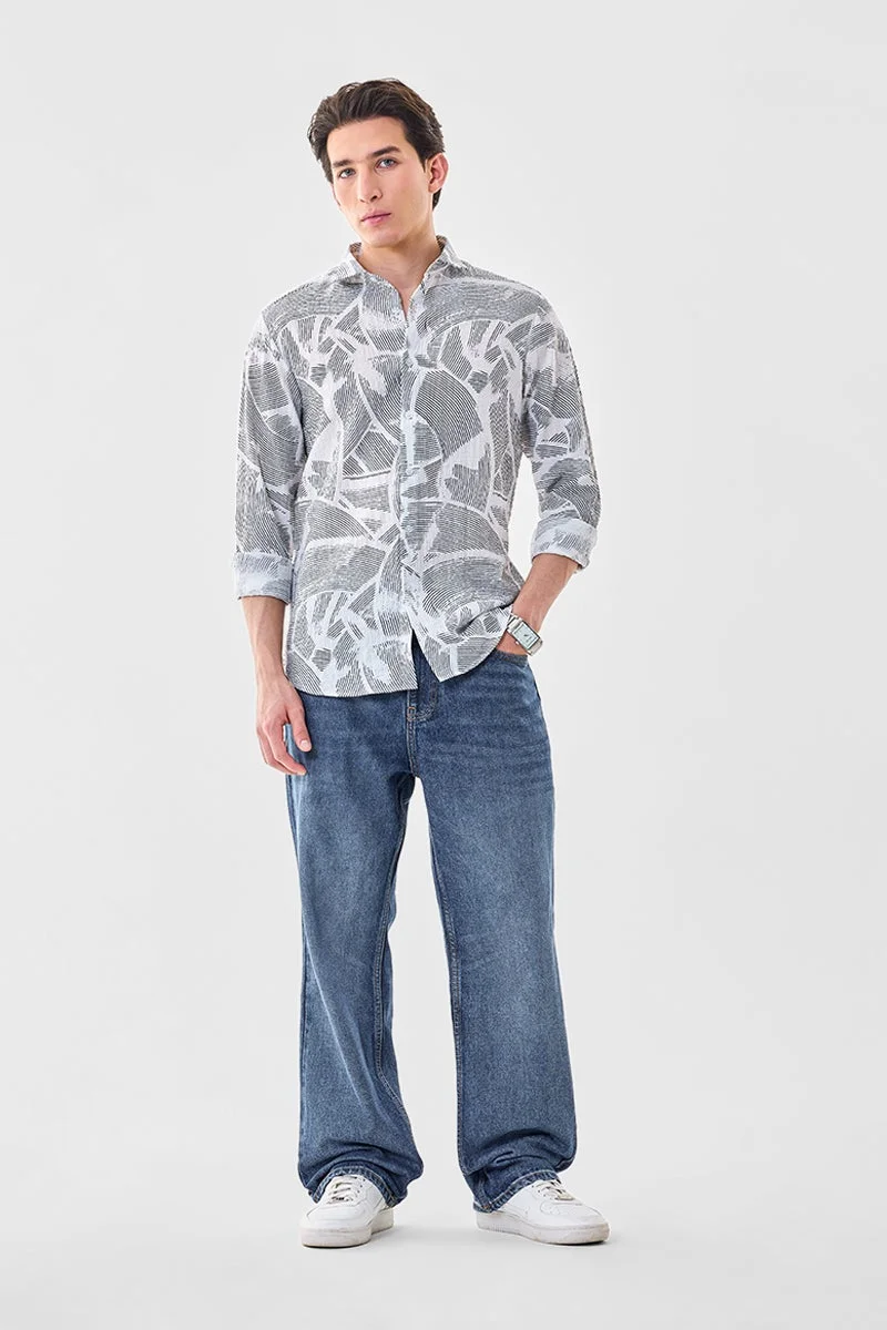 SNITCH White Geometric Long Sleeve Slim Fit Shirt